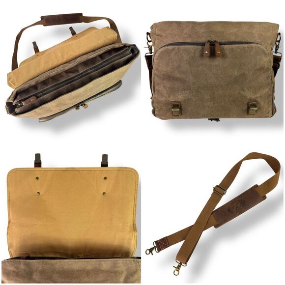 Vintage Style Waxed Canvas Brown Leather Rugged Briefcase Messenger Shoulder Bag - Picture 10 of 16